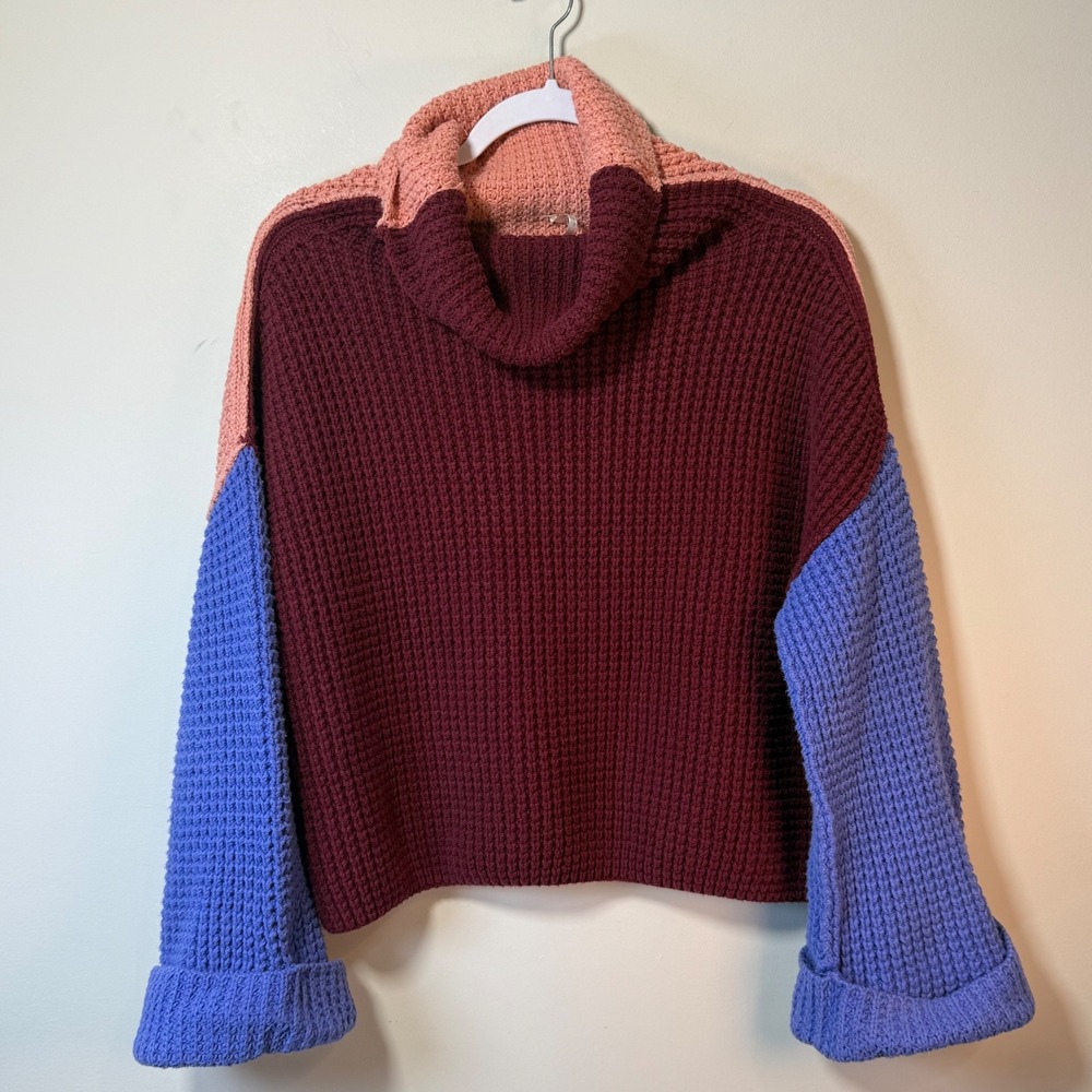 Free People Sweater Womens XS Multi Colorblock Cowl Neck Chunky Knit Bell Sleeve